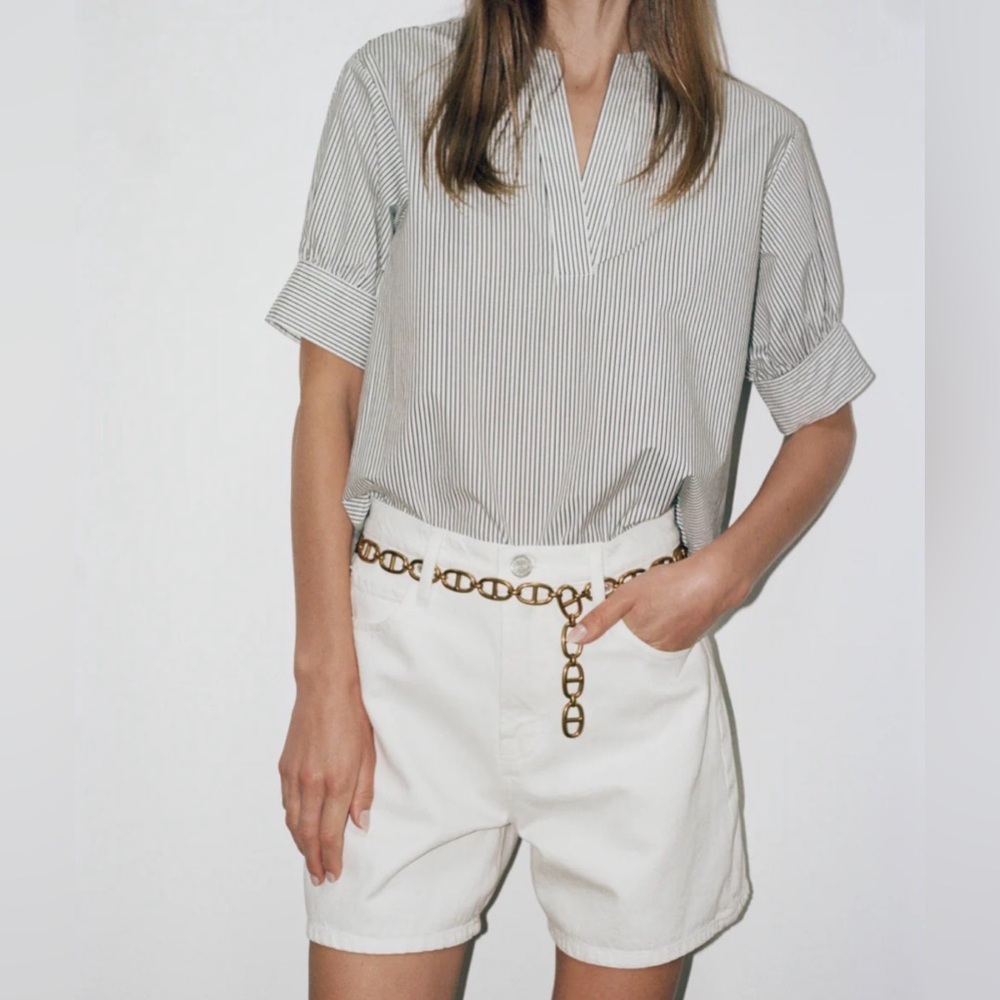 FRAME Women's Stripe Split Neck Organic Cotton Popover Top, Small